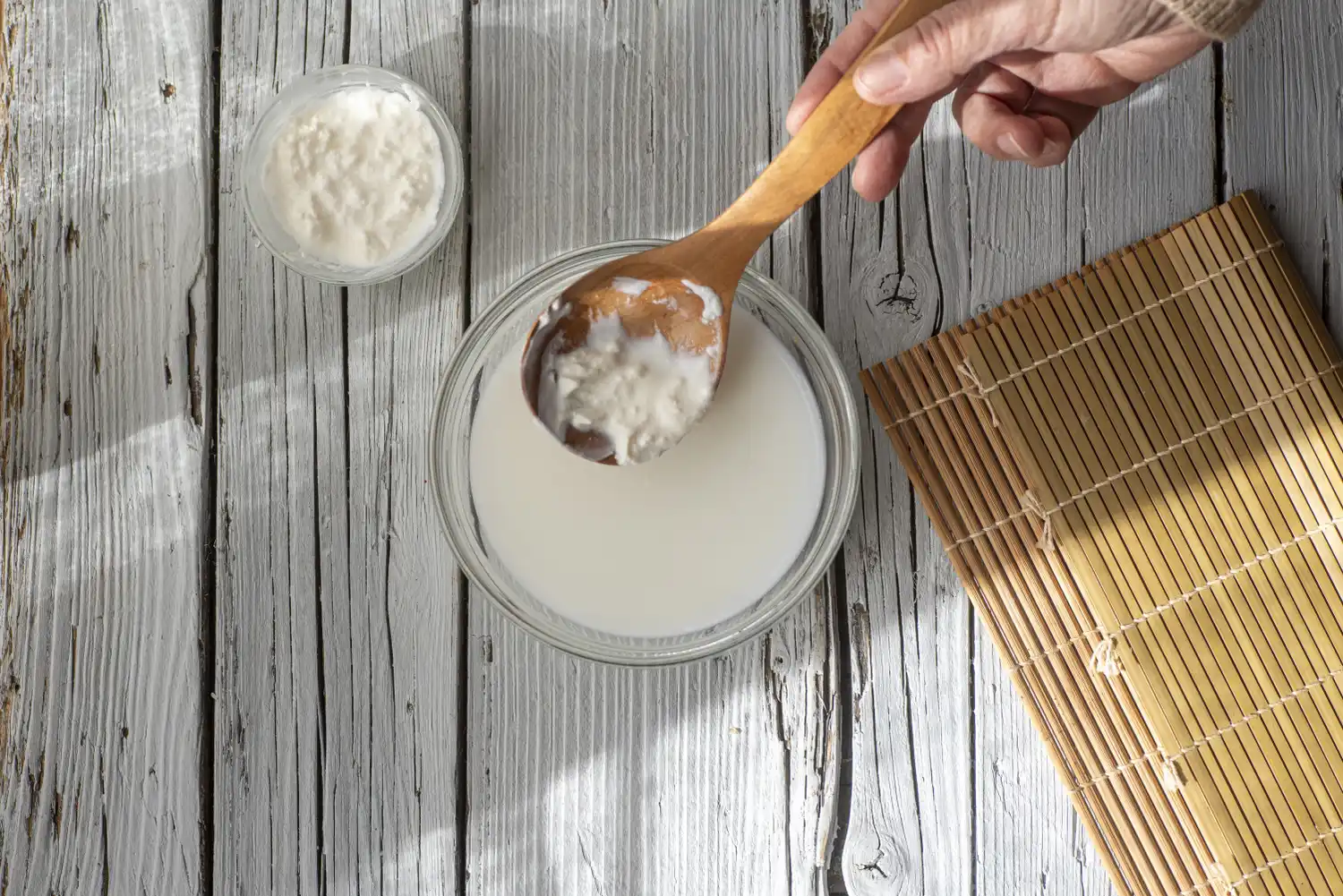 A hand holding a spoon with kefir grains over a glass bowl of milk wooden table in the background