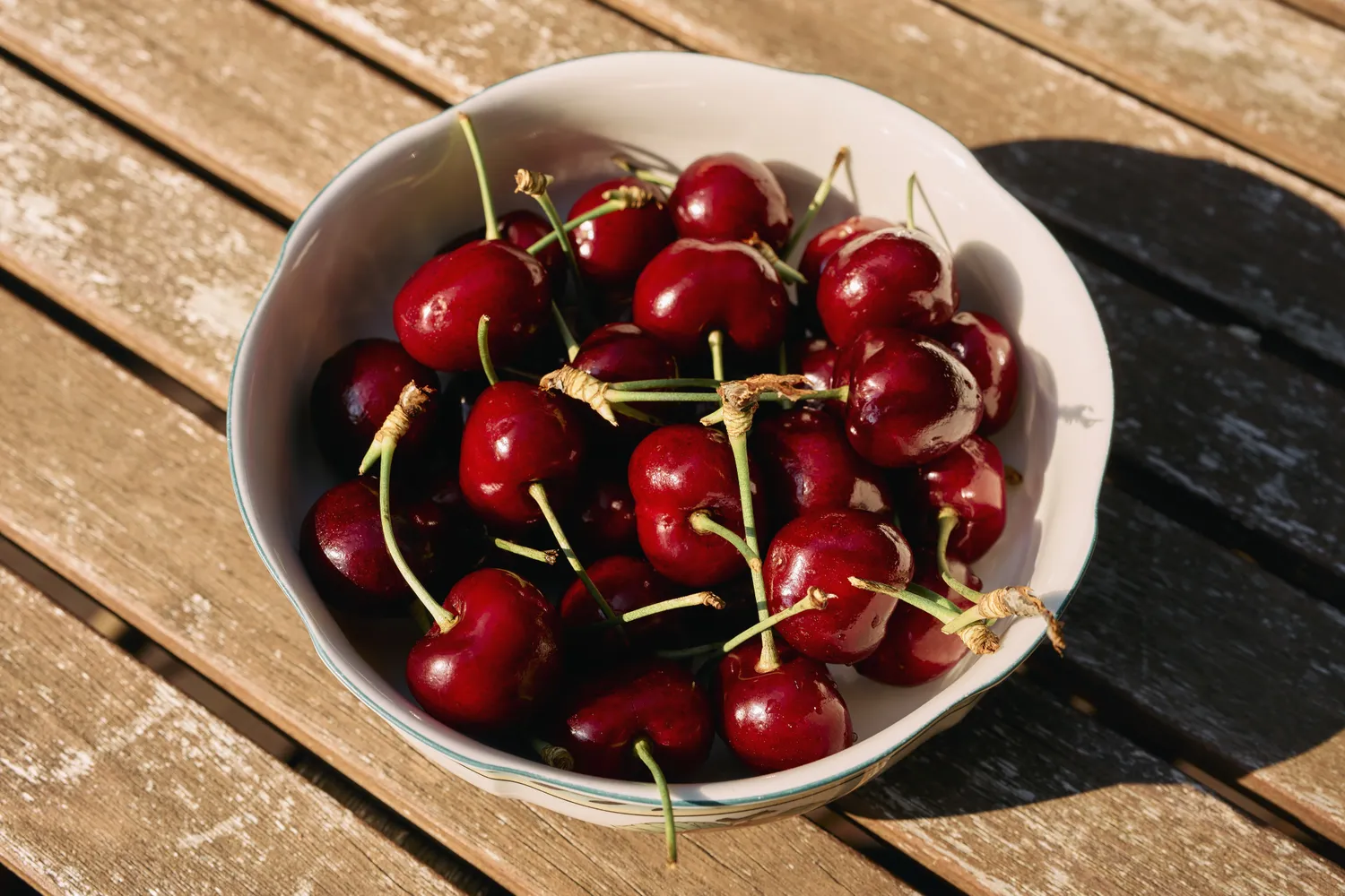 A bowl of cherries on a wooden table