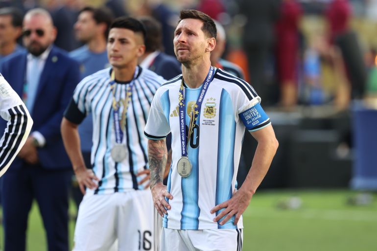 Argentina's Lionel Messi (10) reacts after losing to Spain in the World Cup final soccer match between Spain and Argentina in East Rutherford, N.J., near New York, Sunday, July 19, 2026. (AP Photo/Pamela Smith)